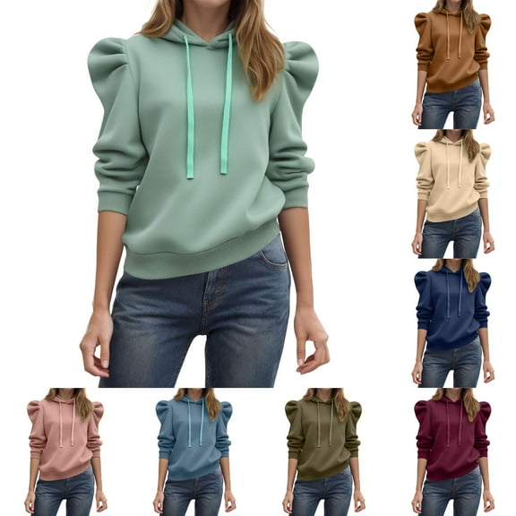 idosla Women's Trendy Puff Long Sleeve Drawstring Hoodies Trendy Fall Winter Casual Pullover Sweatshirts for Women 2025 (Pink, S)