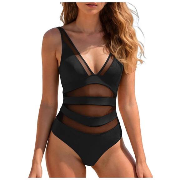 idosla Women's Tummy Control Swimsuits Mesh Sexy One Piece Bathing Suits Slimming V Neck Swimwear (Black, S)