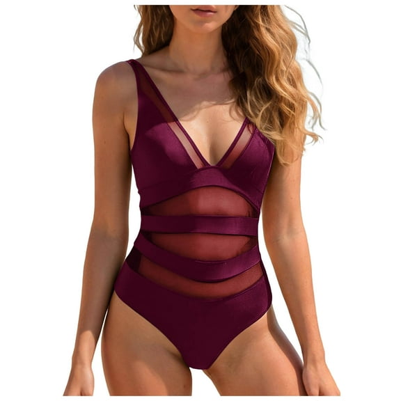 idosla Women's Tummy Control Swimsuits Mesh Sexy One Piece Bathing Suits Slimming V Neck Swimwear (Wine, M)
