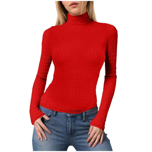 idosla Women's Turtleneck Long Sleeve Shirts Fall Fashion Basic Thermal Underwear Tops Winter Clothes 2025 (Red, S)