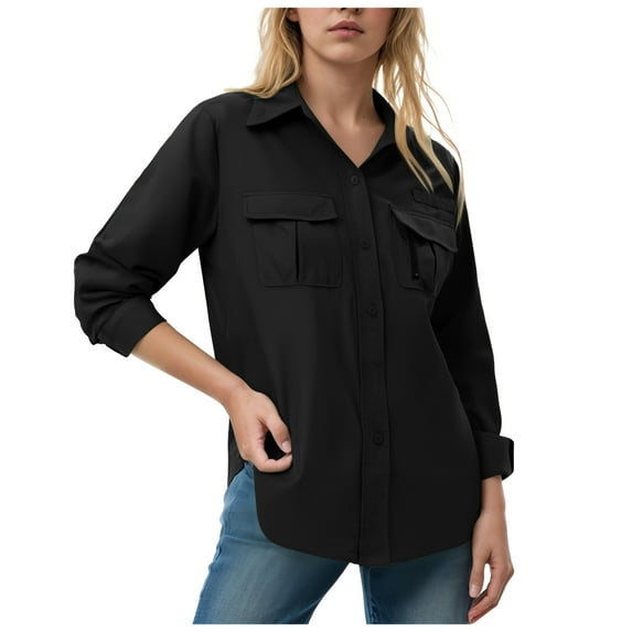 idosla Women's UPF 50 Long Sleeve UV Sun Protection Safari Shirts Outdoor Quick Dry Fishing Hiking Travel Shirts (Black, XL)