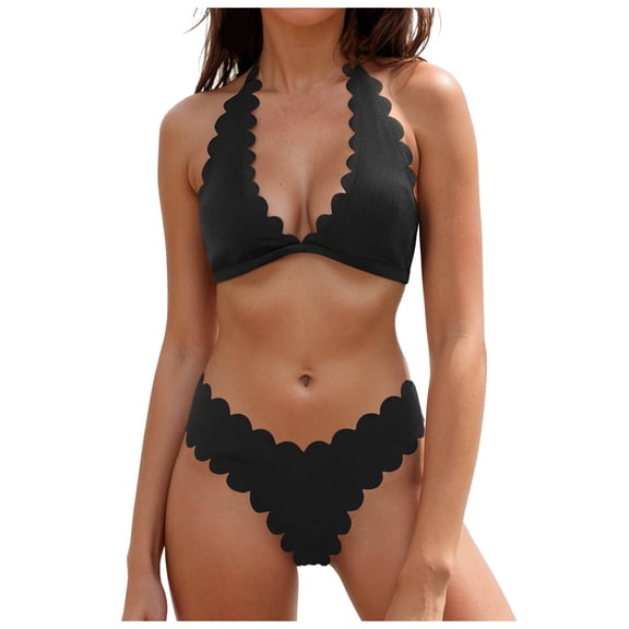 idosla Women's V Neck Bikini Set Wave Triangle Top Cheeky Two Piece Bathing Suits (Black, M)