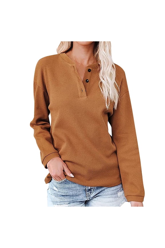 Women's V Neck Button Pullover Sweatshirts Long Sleeve Casual Tops Solid T-Shirts for Fall Winter Brown (Brown, XXL)