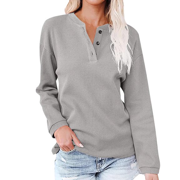 idosla Women's V Neck Button Pullover Sweatshirts Long Sleeve Casual Tops Solid T-Shirts for Fall Winter Brown (Grey, S)