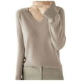 thumbnail image 1 of idosla Women's V Neck Cashmere Sweaters Long Sleeve Lightweight Knitted Pullover Casual Loose Warm Jumper Sweater Tops (Khaki, M), 1 of 4
