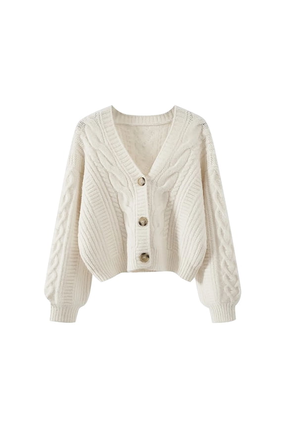 Women's Vintage Cardigan Sweater Women Solid Color V Neck Single Breasted Long Sleeve Cardigan Sweater (White, One Size)
