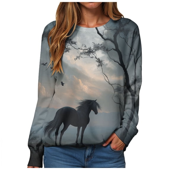 idosla Women's Western Horse Print Sweatshirt Vintage Cowboy Horse Casual Long Sleeve Crew Neck Loose Pullover Shirts Tops (Grey, L)