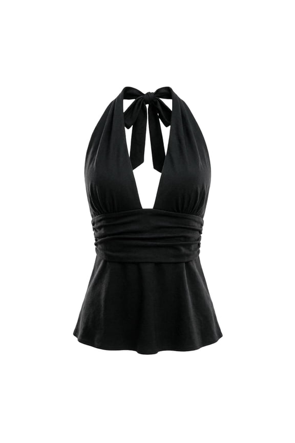 Women's Y2K Mesh Halter Top Sexy V Neck Backless Open Back Leopard Cheetah Print Polka Dot Going Out Tops for Women (Black, S)