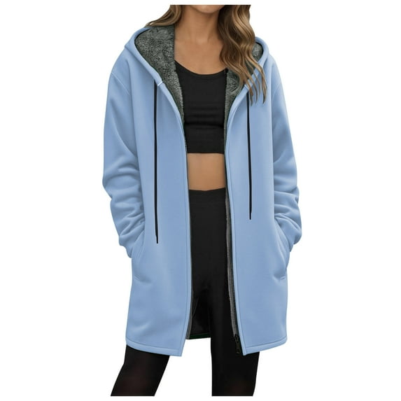 idosla Women's Zip Up Hoodie Long Tunic Hooded Sweatshirt Casual Oversized Fleece 2025 Fall Winter Jacket Coat With Pocket (Light Blue, S)