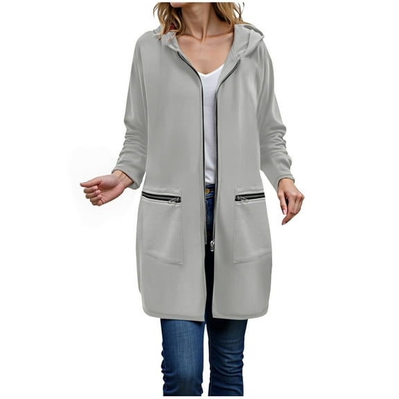 idosla Women's Zip Up Hoodies Long Sleeve Fall Tunic Hooded Sweatshirt Oversized Fleece Jacket with Zipper Pockets (Grey, S)