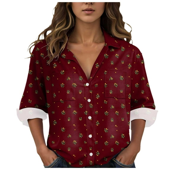 idosla Womens 3/4 Sleeve Shirts Vintage Boho Retro Floral Print Tops Ladies Loose Fit Lightweight V Neck Button Down Blouses (Brick Red, M)