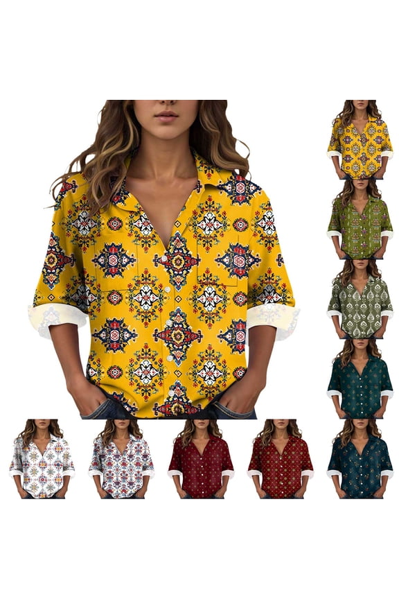 Womens 3/4 Sleeve Shirts Vintage Boho Retro Floral Print Tops Ladies Loose Fit Lightweight V Neck Button Down Blouses (Wine, S)
