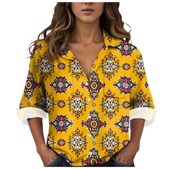 idosla Womens 3/4 Sleeve Shirts Vintage Boho Retro Floral Print Tops Ladies Loose Fit Lightweight V Neck Button Down Blouses (Yellow, 5XL)