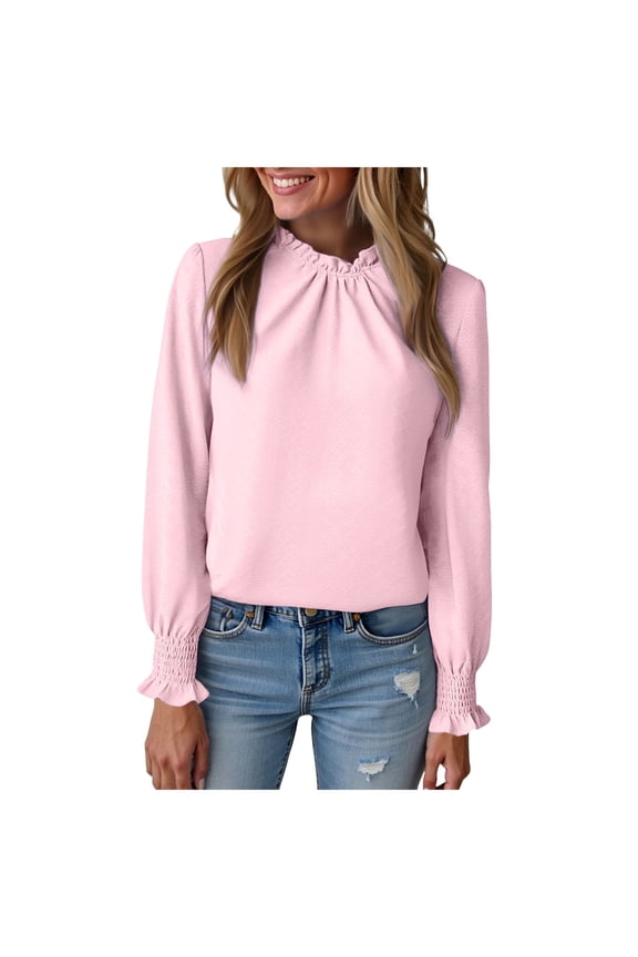 Womens Blouses Trendy Dressy Casual Tops Elegant Puff Long Sleeve Shirts Ruffle Mock Neck Plain Chiffon Outfits (Light Pink, XL)
