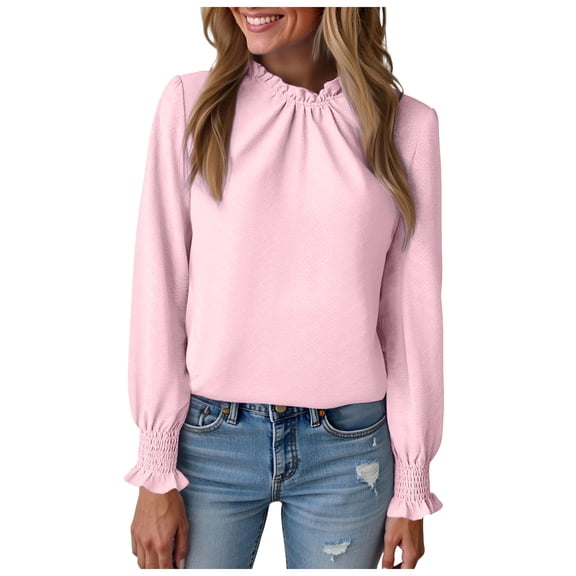 idosla Womens Blouses Trendy Dressy Casual Tops Elegant Puff Long Sleeve Shirts Ruffle Mock Neck Plain Chiffon Outfits (Light Pink, XXL)