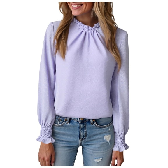 idosla Womens Blouses Trendy Dressy Casual Tops Elegant Puff Long Sleeve Shirts Ruffle Mock Neck Plain Chiffon Outfits (Purple, XXL)