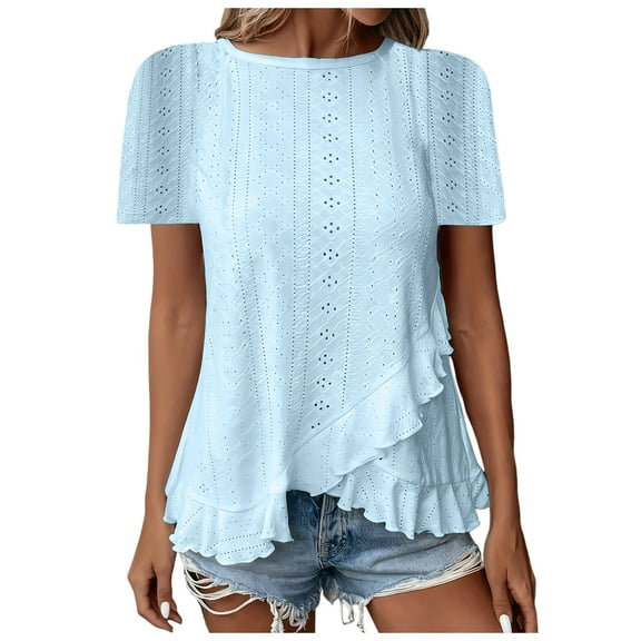 idosla Womens Casual Crew Neck Short Sleeve Eyelet Tops Blouses Ladies Dressy Casual Cute Summer Clothes 2025 (Sky Blue, M)
