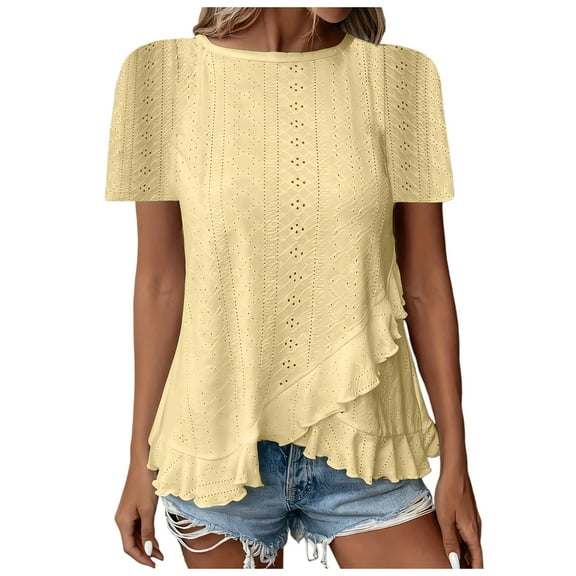 idosla Womens Casual Crew Neck Short Sleeve Eyelet Tops Blouses Ladies Dressy Casual Cute Summer Clothes 2025 (Yellow, M)