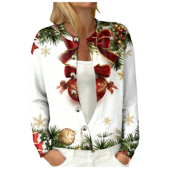 idosla Womens Christmas Cardigan Sweaters 2025 Knit Open Front Button Down Fall Xmas Graphic Casual Lightweight Soft Coat (White, S)