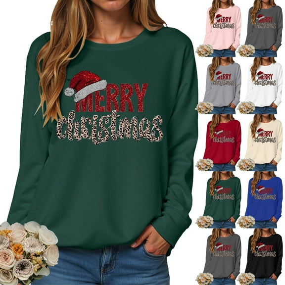 idosla Womens Christmas Sweatshirt Christmas Tree Graphic Long Sleeve Shirts Xmas Holiday Pullover Tops Blouse (Red, M)