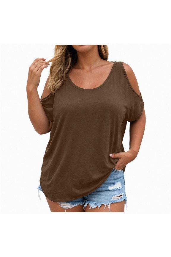 Womens Cold Shoulder Tops Banded Bottom Boat Neck T Shirts Summer Sexy Casual Loose Fit Clothes 2026 (Khaki, 3XL)