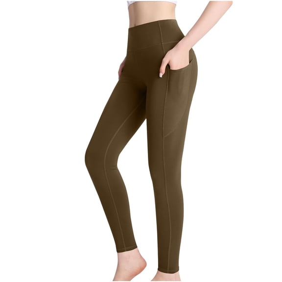idosla Womens Compression Leggings with Pockets, Squat Proof Tummy Control Yoga Pants, High Waisted Workout Tights for Gym (Brown, XXL)