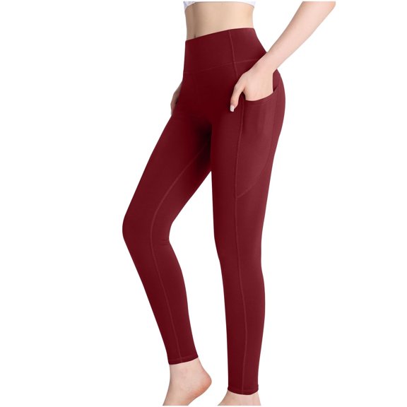 idosla Womens Compression Leggings with Pockets, Squat Proof Tummy Control Yoga Pants, High Waisted Workout Tights for Gym (Wine, XXL)