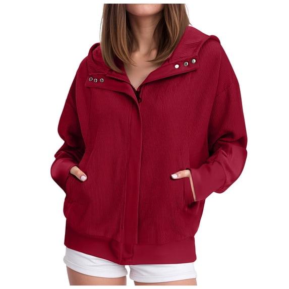 idosla Womens Corduroy Hooded Jackets Casual Zip Up Sweatshirt Jacket Trendy Fall Winter Coat Hoodies with Pockets (Red, XL)