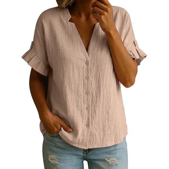 idosla Womens Cotton Ruffle V Neck Shirts 2026 Classy Short Sleeve Summer Tops Trendy Plain Business Work Tunic Blouses (Beige, L)