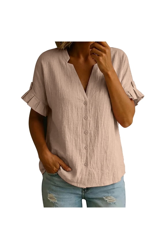 Womens Cotton Ruffle V Neck Shirts 2026 Classy Short Sleeve Summer Tops Trendy Plain Business Work Tunic Blouses (Beige, S)