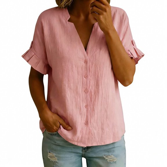idosla Womens Cotton Ruffle V Neck Shirts 2026 Classy Short Sleeve Summer Tops Trendy Plain Business Work Tunic Blouses (Light Pink, XXL)