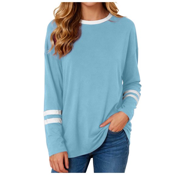 idosla Womens Crewneck Sweatshirt Casual Loose Fitting Tops Long Sleeve T Shirt (Light Blue, L)