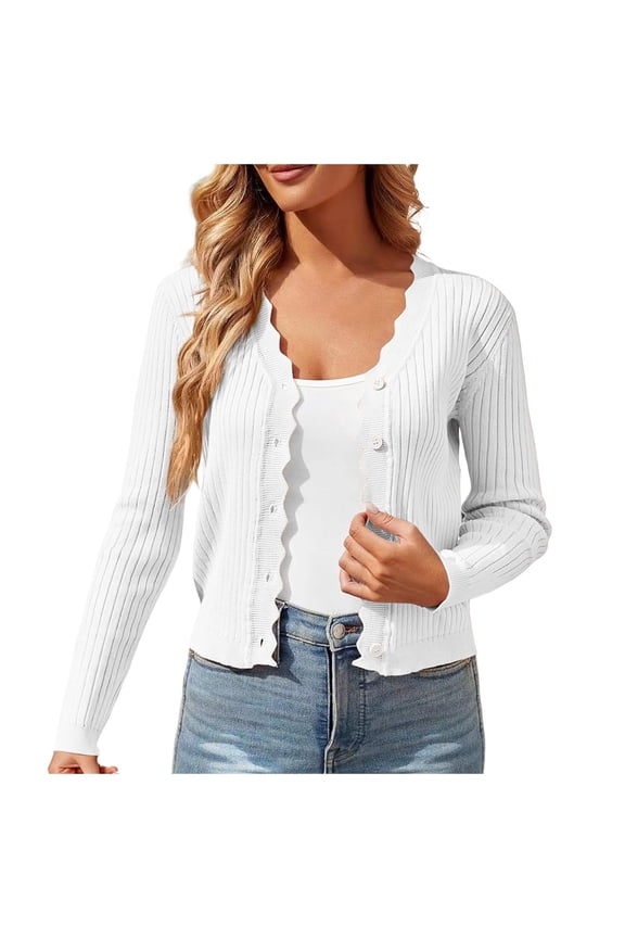 Women's Long Sleeve Cardigan Casual V-Neck Button Open Front Outerwear Soft Cropped Knit Shrugs Sweater (White, S)