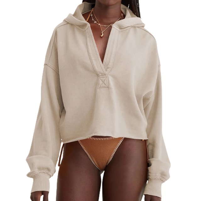 idosla Womens Cropped Sweatshirt Loose V Neck Hoodies Casual Long Sleeve Workout Hooded Sweatshirt Tops (Beige, S)