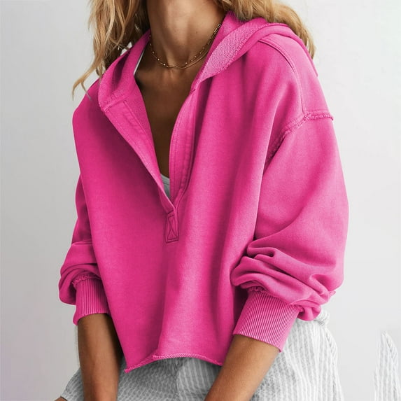 idosla Womens Cropped Sweatshirt Loose V Neck Hoodies Casual Long Sleeve Workout Hooded Sweatshirt Tops (Hot Pink, M)