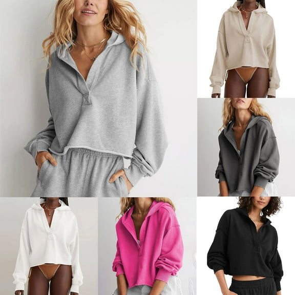 idosla Womens Cropped Sweatshirt Loose V Neck Hoodies Casual Long Sleeve Workout Hooded Sweatshirt Tops (Hot Pink, S)