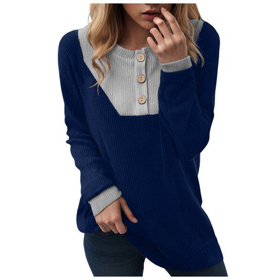 idosla Womens Fall Fashion 2025 Womens Long Sleeve Shirts Patchwork Button Up V Neck Sweatshirt Casual Pullover Tops (Dark Blue, M)