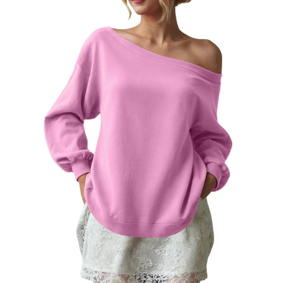 idosla Womens Fleece Lined Sweatshirt Off Shoulder Long Sleeve Pullover Top Oversized Shirt Basic Slouchy Clothes 2025 (Pink, L)