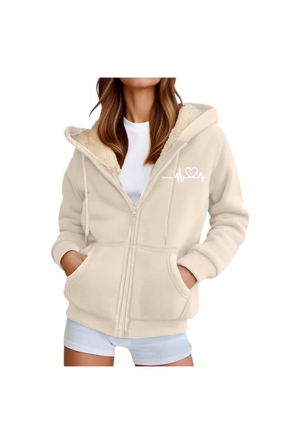 Womens Fleece Lined Zip Up Hoodie Thermal Warm Sherpa Pullover Sweatshirts Love Heart Print Sweaters Cute Tops (Khaki, 4XL)