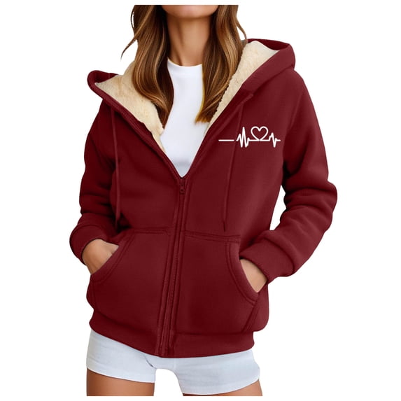 idosla Womens Fleece Lined Zip Up Hoodie Thermal Warm Sherpa Pullover Sweatshirts Love Heart Print Sweaters Cute Tops (Watermelon Red, L)