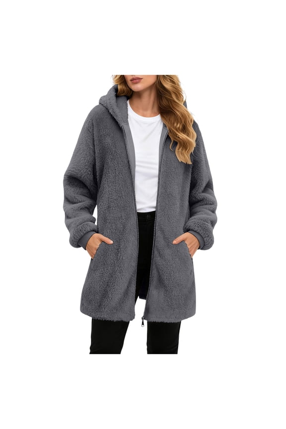 Womens Fleece Zip Up Jacket with Pockets Oversized Long Sherpa Hoodie Fuzzy Jackets Warm Teddy Coat (Grey, XXL)