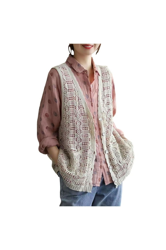Womens Floral Crochet Lace Boho Trim Sleeveless Open Front Vest Cardigan (Beige, One Size)
