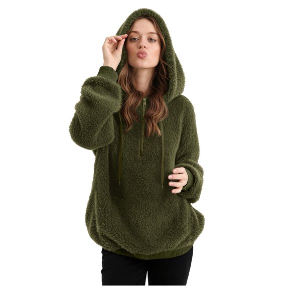 idosla Womens Fuzzy Fleece Pullover Oversized Sherpa Hoodie Faux Fur Winter Jacket Quarter Zip Pullover Sweatshirts (Army Green, XL)