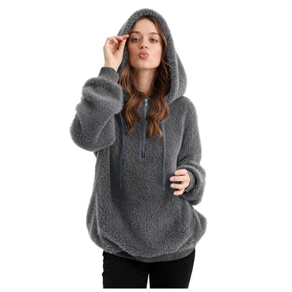 idosla Womens Fuzzy Fleece Pullover Oversized Sherpa Hoodie Faux Fur Winter Jacket Quarter Zip Pullover Sweatshirts (Dark Gray, 4XL)