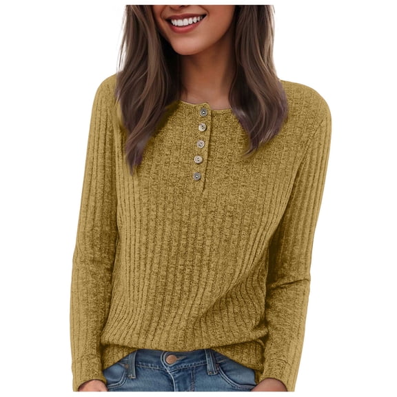 idosla Womens Lightweight Sweaters 2025 Long Sleeve Henley Shirt Fall Casual Crewneck Tunic Tops (Yellow, XL)