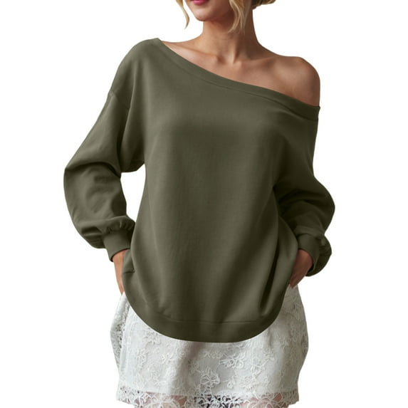 idosla Womens Long Sleeve Off Shoulder Sweatshirt Soft Pullover Tops Slouchy Sweatshirts Casual Solid Shirts (Army Green, M)