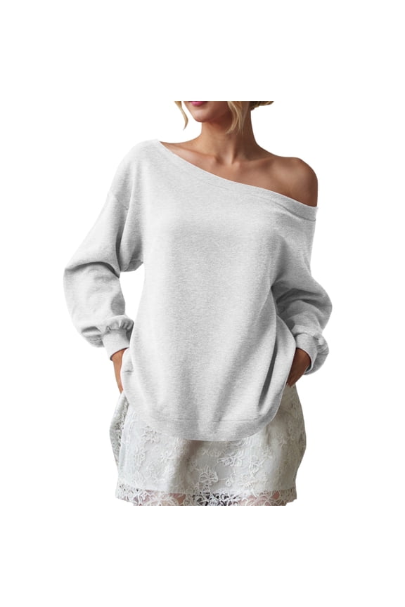 Womens Long Sleeve Off Shoulder Sweatshirt Soft Pullover Tops Slouchy Sweatshirts Casual Solid Shirts (Grey, S)