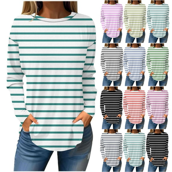 idosla Womens Long Sleeve Shirts Crewneck Casual Loose Trendy Print T Shirt Tops Basic Tee Fall Top Work Clothes (Blue, L)