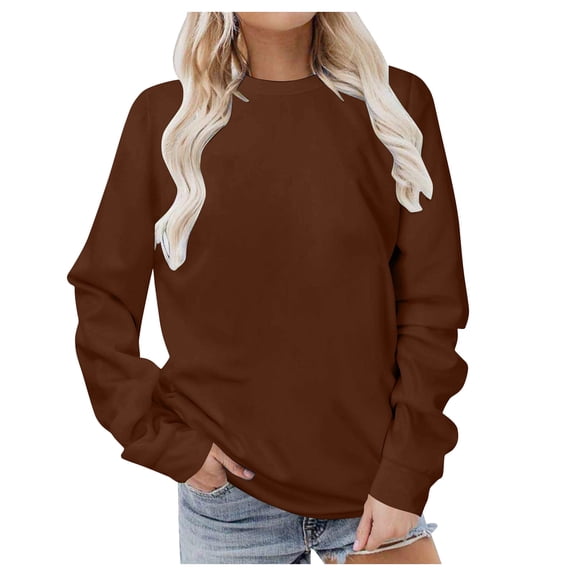 idosla Womens Long Sleeve Shirts Loose Fits Fall Outfits Basic Casual Tunic Tops Crewneck Clothes (Brown, M)