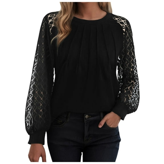 idosla Womens Long Sleeve Shirts Pleated Lace Tops Fall Fashion Outfits Business Casual Blouses (Black, XL)